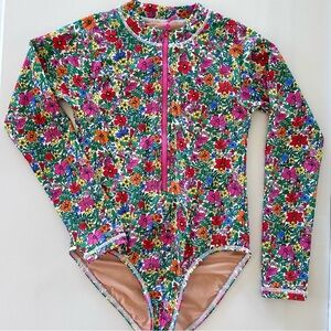 J Crew- Crewcuts Zip-Up, Rash Guard Swimsuit, Multicolored Flowers, Size 8